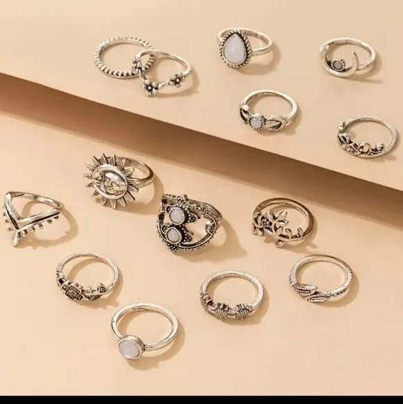 NWT Vintage Boho Joint Ring Set - 14 Pcs with Leaf, Moon, Flower Accents - Picture 2 of 7